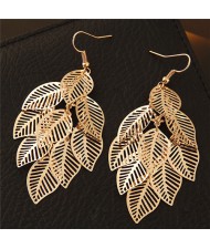 Hollow Cutout Alloy Leaves Design Costume Fashion Earrings - Golden