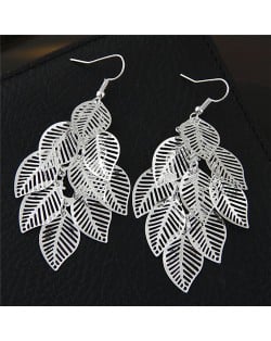 Hollow Cutout Alloy Leaves Design Costume Fashion Earrings - Silver