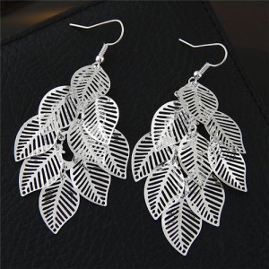Hollow Cutout Alloy Leaves Design Costume Fashion Earrings - Silver