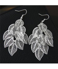 Hollow Cutout Alloy Leaves Design Costume Fashion Earrings - Silver