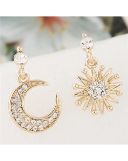 Shining Style Sun and Moon Asymmetric Design Fashion Costume Ear Studs - Golden