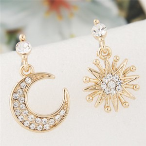 Shining Style Sun and Moon Asymmetric Design Fashion Costume Ear Studs - Golden
