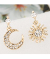 Shining Style Sun and Moon Asymmetric Design Fashion Costume Ear Studs - Golden