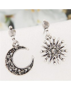 Shining Style Sun and Moon Asymmetric Design Fashion Costume Ear Studs - Vintage Silver