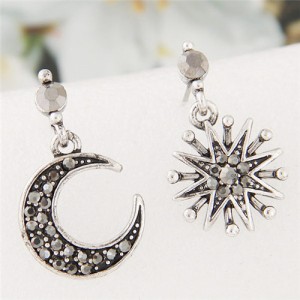 Shining Style Sun and Moon Asymmetric Design Fashion Costume Ear Studs - Vintage Silver