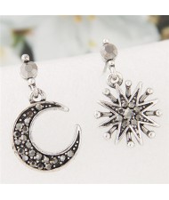Shining Style Sun and Moon Asymmetric Design Fashion Costume Ear Studs - Vintage Silver