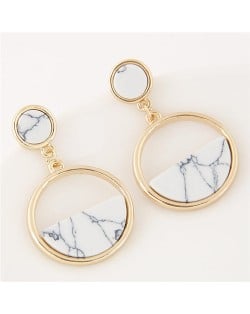 Resin Gem Inlaid Plain Fashion Dangling Golden Hoop Earrings - White