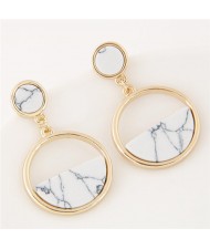 Resin Gem Inlaid Plain Fashion Dangling Golden Hoop Earrings - White