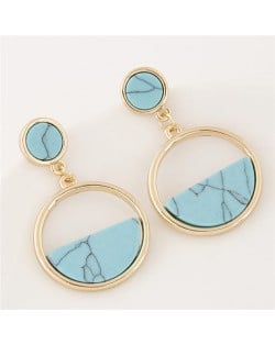 Resin Gem Inlaid Plain Fashion Dangling Golden Hoop Earrings - Teal