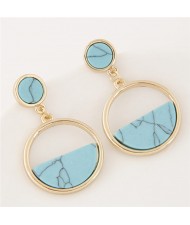 Resin Gem Inlaid Plain Fashion Dangling Golden Hoop Earrings - Teal