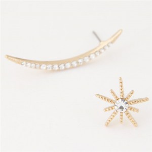 Czech Rhinestone Embellished Abstract Asymmetric Fashion Style Moon and Sun Costume Ear Studs - Golden