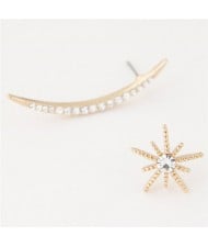 Czech Rhinestone Embellished Abstract Asymmetric Fashion Style Moon and Sun Costume Ear Studs - Golden
