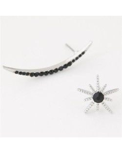 Czech Rhinestone Embellished Abstract Asymmetric Fashion Style Moon and Sun Costume Ear Studs - Silver