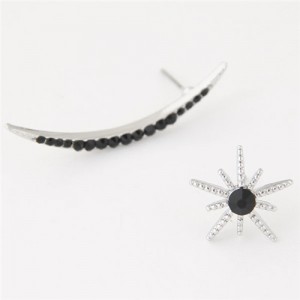 Czech Rhinestone Embellished Abstract Asymmetric Fashion Style Moon and Sun Costume Ear Studs - Silver