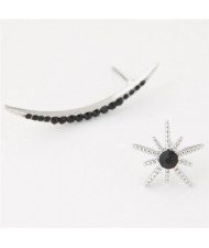 Czech Rhinestone Embellished Abstract Asymmetric Fashion Style Moon and Sun Costume Ear Studs - Silver