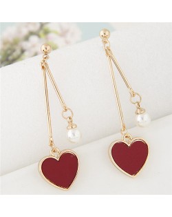 Sweet Heart and Pearl Fashion Dangling Ear Studs - Dark Red