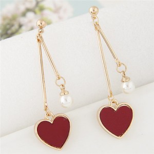 Sweet Heart and Pearl Fashion Dangling Ear Studs - Dark Red