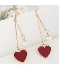 Sweet Heart and Pearl Fashion Dangling Ear Studs - Dark Red