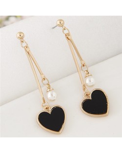 Sweet Heart and Pearl Fashion Dangling Ear Studs - Black