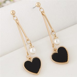 Sweet Heart and Pearl Fashion Dangling Ear Studs - Black