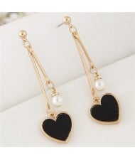 Sweet Heart and Pearl Fashion Dangling Ear Studs - Black