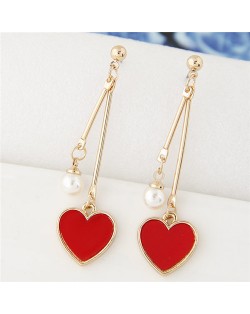Sweet Heart and Pearl Fashion Dangling Ear Studs - Red