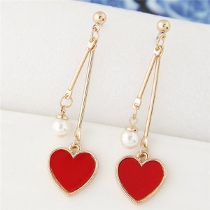 Sweet Heart and Pearl Fashion Dangling Ear Studs - Red