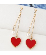 Sweet Heart and Pearl Fashion Dangling Ear Studs - Red