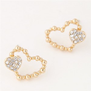 Czech Rhinestone Inlaid Hearts Theme Sweet Fashion Ear Studs - Golden