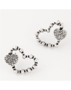 Czech Rhinestone Inlaid Hearts Theme Sweet Fashion Ear Studs - Vintage Silver