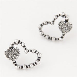 Czech Rhinestone Inlaid Hearts Theme Sweet Fashion Ear Studs - Vintage Silver