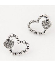 Czech Rhinestone Inlaid Hearts Theme Sweet Fashion Ear Studs - Vintage Silver