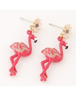 Oil Spot Glazed Flower with Dangling Crane Design Costume Ear Studs - Red