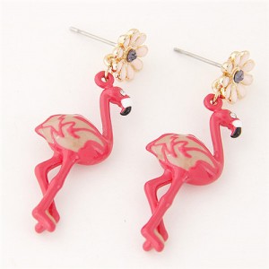 Oil Spot Glazed Flower with Dangling Crane Design Costume Ear Studs - Red