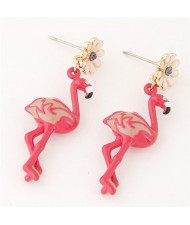 Oil Spot Glazed Flower with Dangling Crane Design Costume Ear Studs - Red