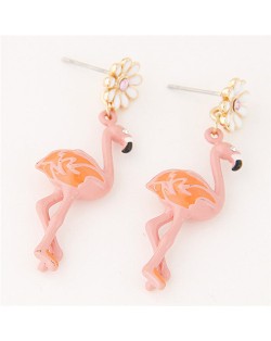 Oil Spot Glazed Flower with Dangling Crane Design Costume Ear Studs - Pink