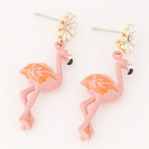 Oil Spot Glazed Flower with Dangling Crane Design Costume Ear Studs - Pink