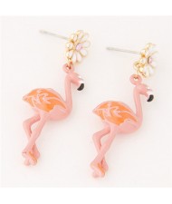 Oil Spot Glazed Flower with Dangling Crane Design Costume Ear Studs - Pink