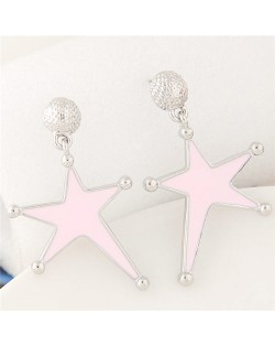 Silver Rimmed Oil Spot Glazed Bold Fashion Star Dangling Earrings - Pink