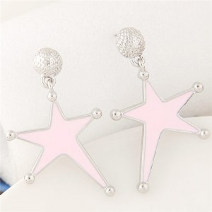 Silver Rimmed Oil Spot Glazed Bold Fashion Star Dangling Earrings - Pink