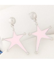 Silver Rimmed Oil Spot Glazed Bold Fashion Star Dangling Earrings - Pink