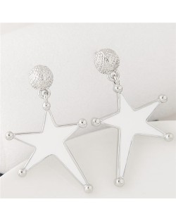 Silver Rimmed Oil Spot Glazed Bold Fashion Star Dangling Earrings - White