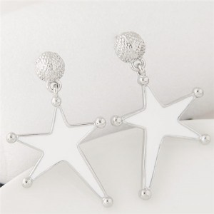 Silver Rimmed Oil Spot Glazed Bold Fashion Star Dangling Earrings - White