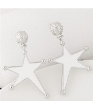 Silver Rimmed Oil Spot Glazed Bold Fashion Star Dangling Earrings - White