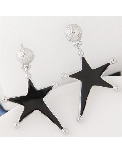 Silver Rimmed Oil Spot Glazed Bold Fashion Star Dangling Earrings - Black
