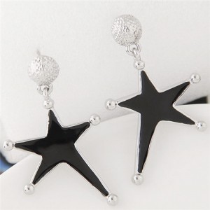 Silver Rimmed Oil Spot Glazed Bold Fashion Star Dangling Earrings - Black