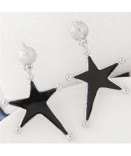 Silver Rimmed Oil Spot Glazed Bold Fashion Star Dangling Earrings - Black