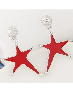 Silver Rimmed Oil Spot Glazed Bold Fashion Star Dangling Earrings - Red
