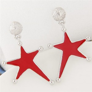 Silver Rimmed Oil Spot Glazed Bold Fashion Star Dangling Earrings - Red