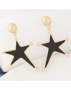 Golden Rimmed Oil Spot Glazed Bold Fashion Star Dangling Earrings - Black